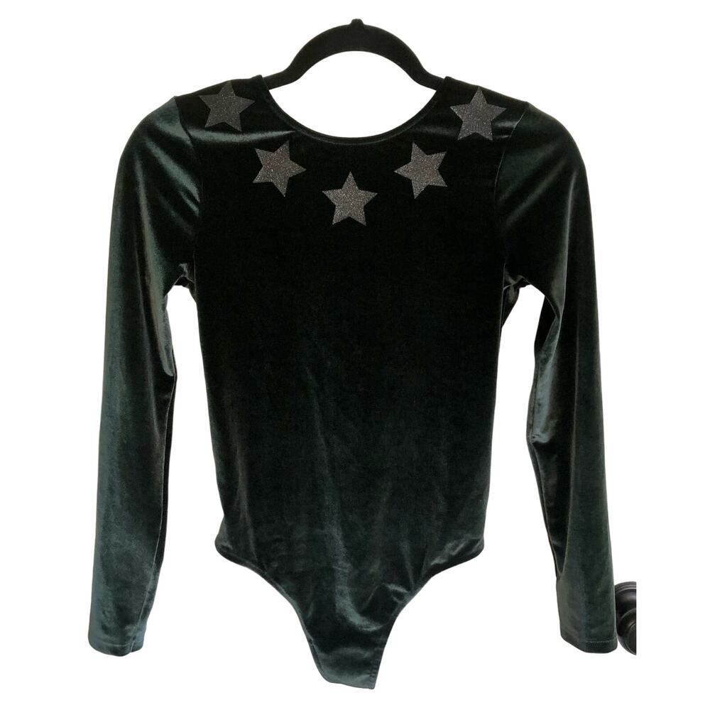 NWT Victoria's Secret Sport Size XS Dark Green Velvet Bodysuit Black Stars - Picture 2 of 8